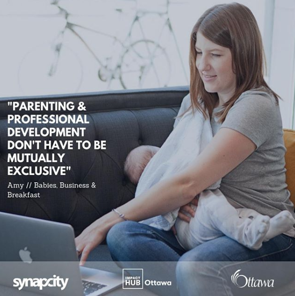 Amy Maureen Lynch working on laptop and breastfeeding baby