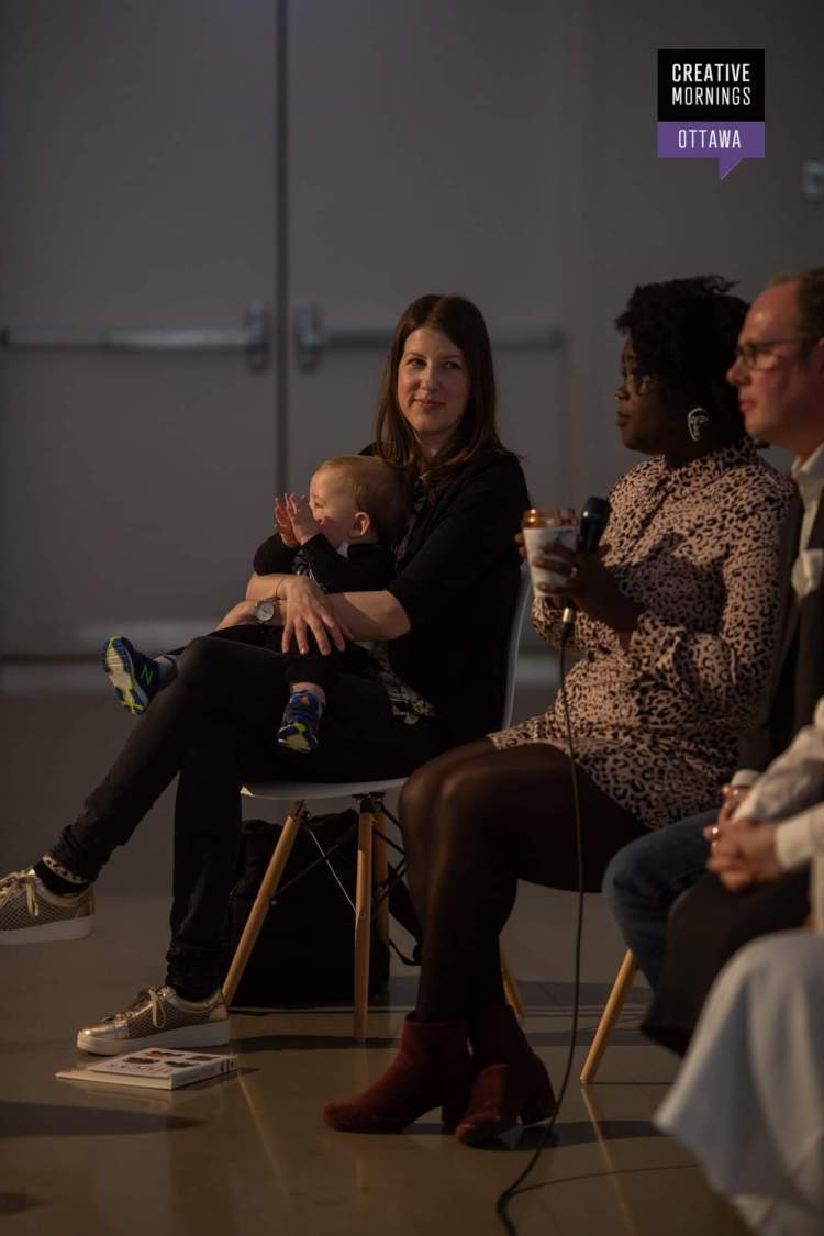 Amy Lynch presenting at CreativeMorning Ottawa with her kids