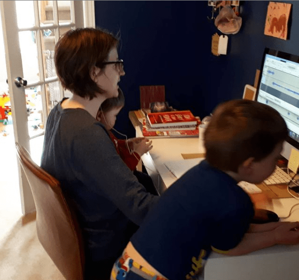 Amy Maureen Lynch of Notes From Another Land hosting the Mixing Babies And Business Podcast with her kids