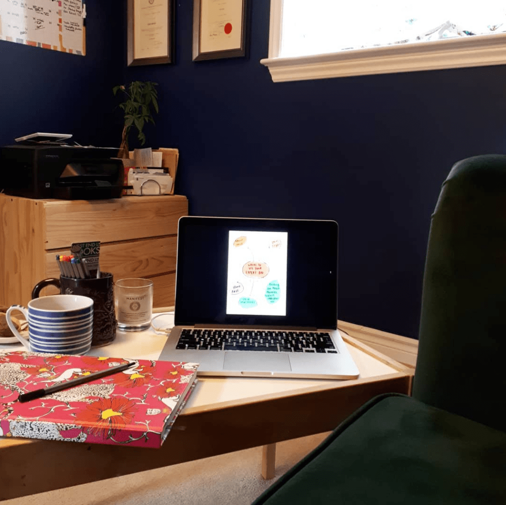 Amy Maureen Lynch Work From Home Setup with journal, tea, candle, crystals and pottery